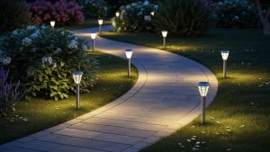 Modern solar path lights illuminating curved garden walkway at dusk with integrated LED technology and weather-resistant stainless steel construction