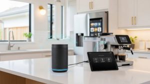 AI-powered smart speaker sitting on a modern kitchen counter controlling connected home devices
