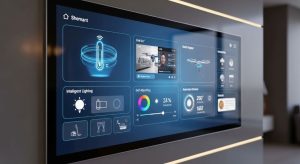 Close-up of advanced smart home control panel displaying multiple connected futuristic gadgets and device integrations