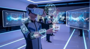 Person testing virtual reality headset and futuristic wearable devices in modern technology demonstration space