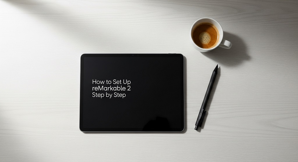 reMarkable 2 paper tablet setup guide featured image on a minimalist desk