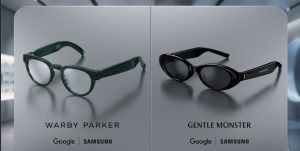 A side-by-side product display of Google's AI glasses developed with Samsung, showing a classic green round-framed Warby Parker design on the left and a bold, black oval-framed Gentle Monster design on the right.
