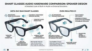 Meta Ray-Ban smart glasses with built-in open-ear speakers compared to Even Realities G1 without integrated audio hardware