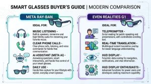 Infographic showing ideal users for Meta Ray-Ban smart glasses and Even Realities G1 based on features and use cases