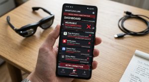 Smart glasses application interface showing crashes errors and software instability