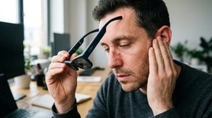 User experiencing nose pressure and ear discomfort while wearing smart glasses