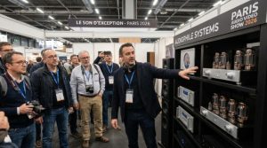 A sound engineer demonstrating a high-end amplifier system to attendees at a Paris Audio Video Show 2026 exhibitor booth