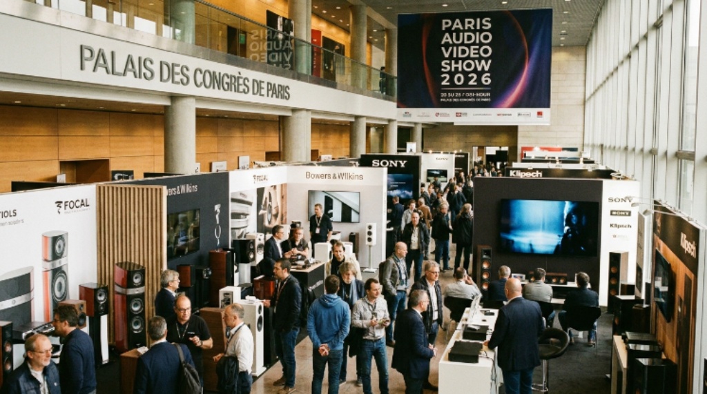 Visitors exploring loudspeaker and home cinema displays from leading exhibitors at the Paris Audio Video Show 2026 inside the Palais des Congrès de Paris