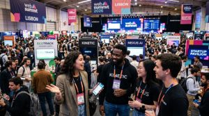 Startup founders networking and exchanging ideas in a busy exhibition hall at Web Summit 2026 in Lisbon