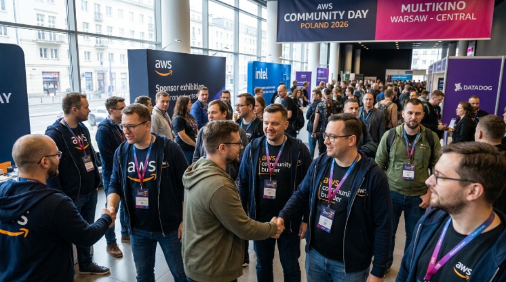 AWS Heroes and Community Builders networking with attendees at the sponsor exhibition area during AWS Community Day Poland 2026 at Multikino in central Warsaw