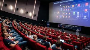 AWS developers and cloud engineers attending a technical session inside the cinema auditorium at Multikino Złote Tarasy during AWS Community Day Poland 2026 in Warsaw