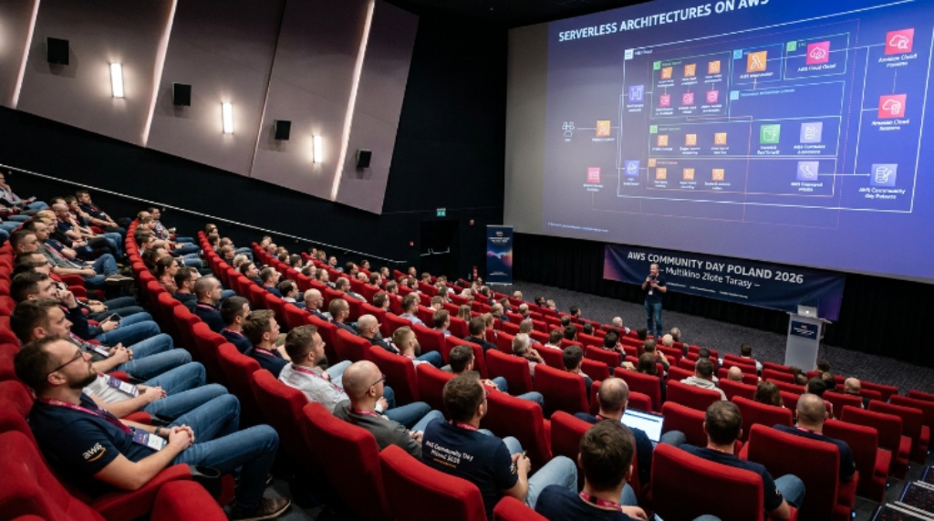 AWS developers and cloud engineers attending a technical session inside the cinema auditorium at Multikino Złote Tarasy during AWS Community Day Poland 2026 in Warsaw