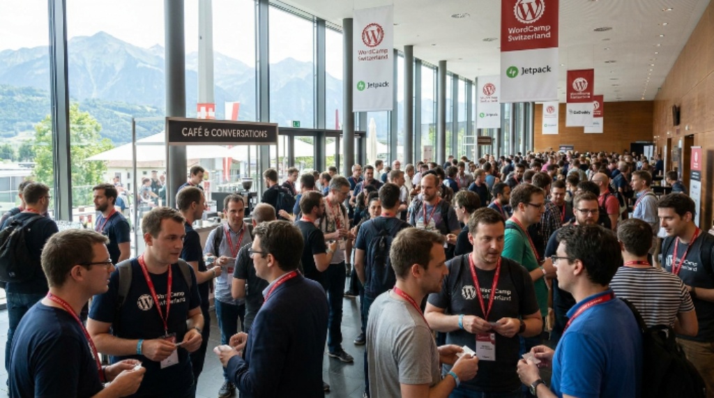 Attendees networking at WordCamp Switzerland conference