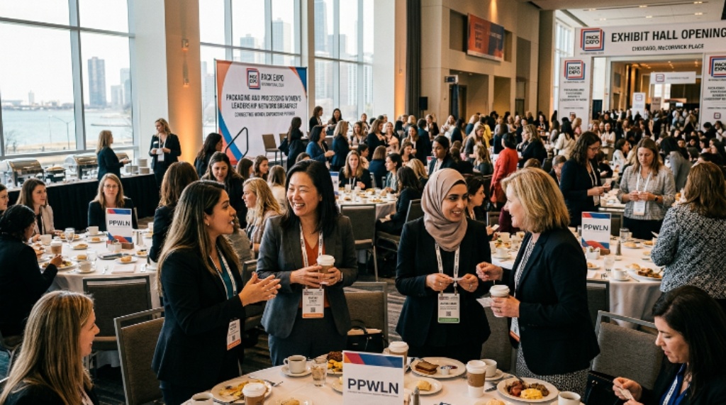Attendees networking at PACK EXPO International 2026 during the Packaging and Processing Women's Leadership Network Breakfast in Chicago