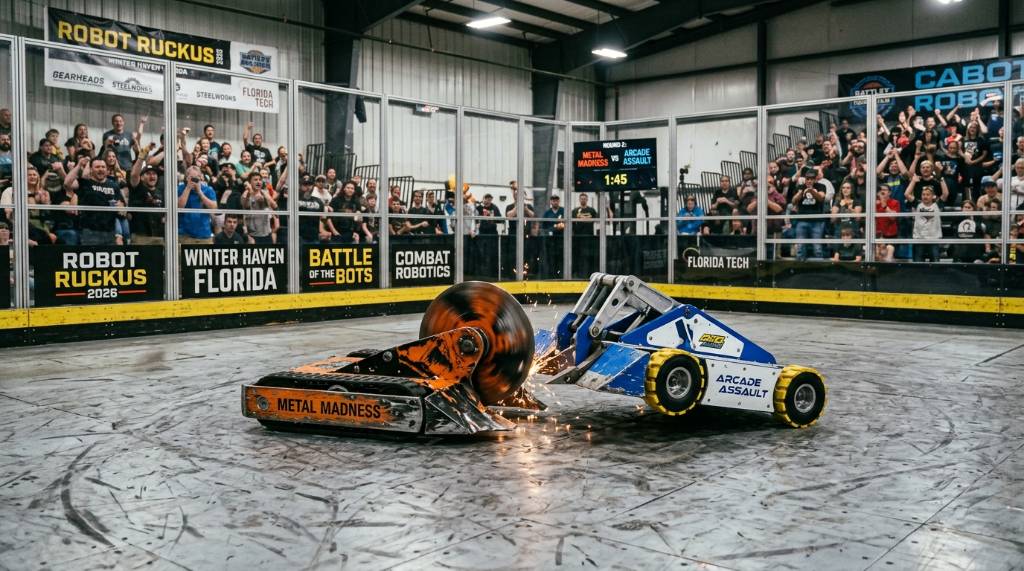 Two combat robots facing off in the arena at Robot Ruckus 2026 in Winter Haven Florida