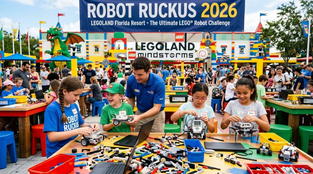 Children building LEGO robots at Robot Ruckus 2026 festival at LEGOLAND Florida Resort
