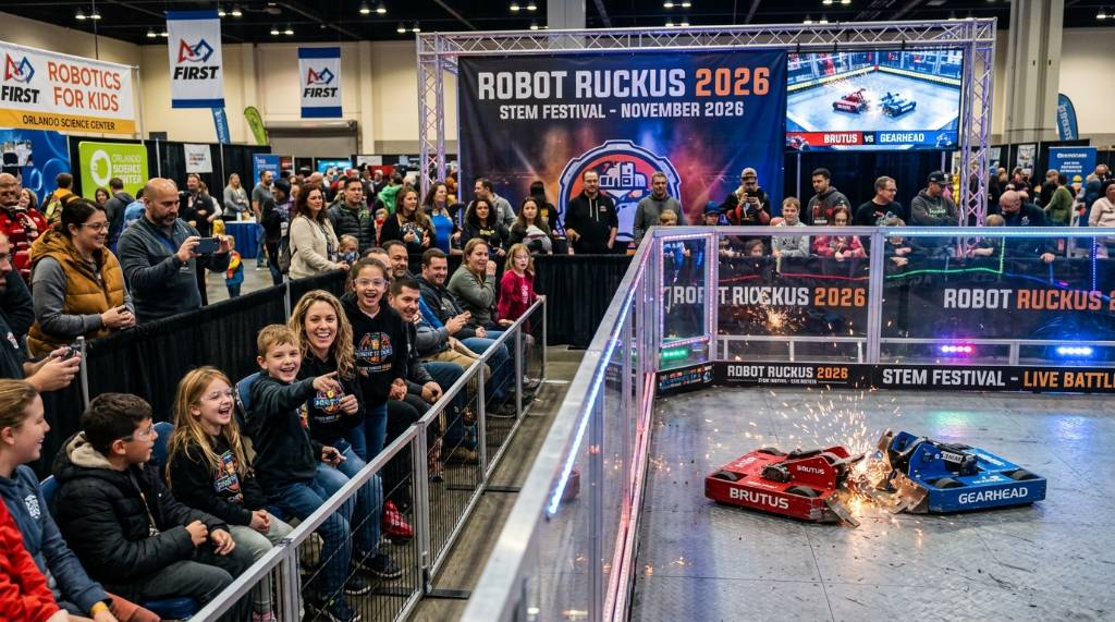 Families watching a live robot demonstration at Robot Ruckus 2026 STEM festival November 2026