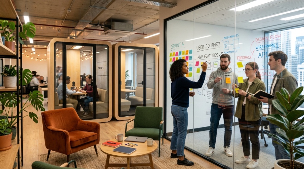 Diverse professionals collaborating around a modular table in a bright modern office.